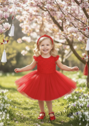 Детска рокля в червено с къс ръкав с дантела и тюл от колекция Червеника Крис