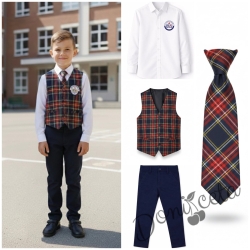 Комплект за момче от 4 части- риза в бяло с лого, панталон в тъмносиньо, елече с лого и вратовръзка в карирано червено, подходящ и за ученическа униформа