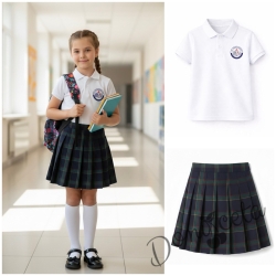 Комплект от 2 части-бяла тениска с яка и лого, съчетана с леко удължена плисиран пола в тъмносиньо и зелено каре, подходящ и за ученическа униформа
