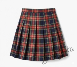 Комплект каре от 4 части- карирана плисирана пола леко удължена, карирана вратовръзка, карирано елече с лого и червена блуза с лого, подходящ и за ученическа униформа