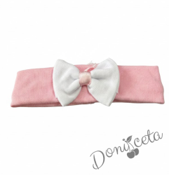 Лента за коса в розово с панделка в бяло