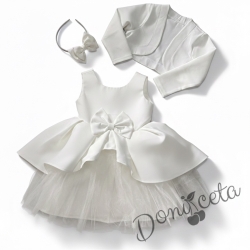 Официален комплект от 3 части-детска рокля от плат Мариска с тюл без ръкав, болеро и диадема в бяло