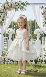 Официален комплект от 2 части-детска рокля от плат Мариска с тюл без ръкав и диадема в бяло