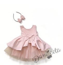 Официален комплект от 2 части-детска рокля от плат Мариска с тюл без ръкав и диадема в прасковено