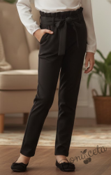 Детски панталон с колан в черно за момиче с висока талия