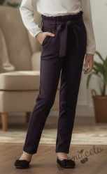 Детски спортно-елегантен панталон за момиче в лилаво с висока талия и колан