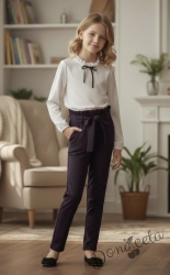 Комплект от 2 части- панталон в лилаво с ластик и колан и риза в бяло с панделка