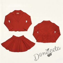 Детски комплект за момиче от пола от трико клош Роси в червено и сако в червено с панделка отзад 