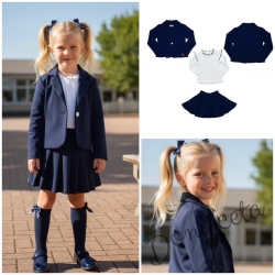 Комплект от трико 3 части- пола клош Роси, сако в тъмносиньо и блуза в бяло с къдрички обкрайчени в тъмносиньо