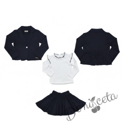 Комплект от трико 3 части- пола клош Роси, сако в черно и блуза в бяло с къдрички обкрайчени в черно