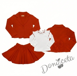 Комплект от трико от 3 части- пола клош Роси и сако в червено и блуза в бяло с къдрички обкрайчени с червено