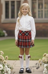 Комплект от 2 части-плисирана пола в червено и тъмносиньо и риза с дълъг ръкав с висока яка