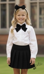 Комплект за момиче от 3 части-пола Гери в черно, риза с дълъг ръкав в бяло с къдрички, панделка за риза в черно