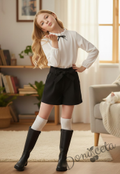 Комплект от 2 части- къси панталони в черно с ластик и колан, риза в бяло с панделка