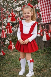 Детски комплект от 2 части- сукман от трико в червено Гери с къдрички  и блуза с дълъг ръкав в бяло с дантела