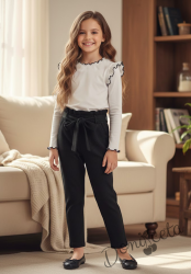 Комплект от 2 части- панталон в черно с ластик и колан, блуза с дълъг ръкав в бяло с къдрички и кант в черно