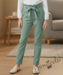 Детски панталон за момиче в тюркоаз с висока талия и колан