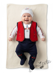 Бебешки комплект за момче от 4 части- бяло боди, елече в червено, ританки в тъмносиньо и шапка в бяло 
