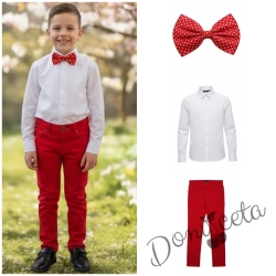  Комплект за момче от 3 части-бяла риза с дълъг ръкав, панталон в червено и папийонка в червено на бели точки