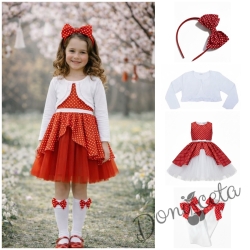 Официален комплект от 4 части- рокля Надежда в червено на бели точки и тюл в червено , болеро в бяло, диадема в червено на бели точки и чорапи с червени панделки на бели точки 