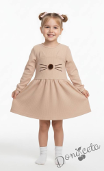 Рипсена детска рокля с котенце в бежово с дълъг ръкав 