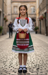 Дамска или детска народна носия- сукман в горната част в бяло а долна в зелено с престилка в червено с фолклорни/етно мотиви 