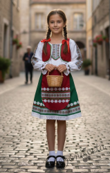 Дамска или детска народна носия- сукман в горната част в бяло а долна в зелено с престилка елек в червено с фолклорни/етно мотиви 