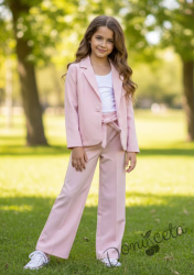 Комплект за момиче от 2 части- сако Ким и разкроен панталон с висока талия и копчета в розово