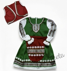 Дамска или детска народна носия- сукман в зелено с престилка и елек в червено с фолклорни/етно мотиви 
