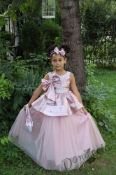 Официална детска дълга рокля в пепел от рози с ефектни панделки с гол гръб и малка чантичка 309ГФД