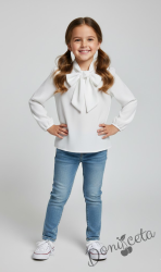 Официална детска риза в бяло с дълъг ръкав и панделка 