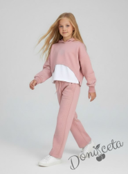 Детски комплект от 3 части- блуза в розово с качулка и сърце, потник  в бяло и панталон в розово
