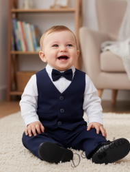 Бебешки официален комплект от 4 части- боди-риза в бяло, панталон, елек и папийонка в тъмносиньо 