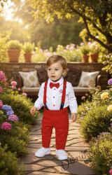 Бебешки официален  комплект от панталон в червено, боди-ризка в бяло, тиранти и папийонка 