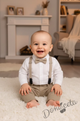 Официален бебешки комплект от 4 части-панталон в бежово, боди-риза в бяло, тиранти и папийонка  от колекция Бежина