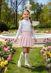 Комплект за момиче от 2 части - пола Тамара в розово и блуза с дълъг ръкав с къдрички в бяло