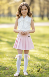 Комплект за момиче от 2 части - пола Тамара в розово и риза с къс ръкав в бяло с панделка