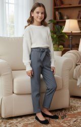 Детски спортно-елегантен панталон трико за момиче в сиво с висока талия и колан