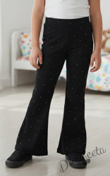 Детски панталон за момиче тип чарлстон в черно с блестящи камъчета