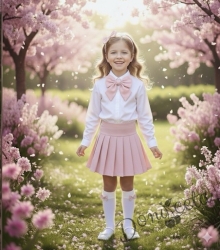 Комплект за момиче от 4 части-пола Тамара от трико в розово, риза с дълъг ръкав, къдрички и панделка и чорапи с панделка