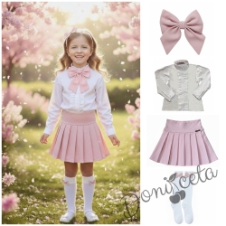 Комплект за момиче от 4 части-пола Тамара от трико в розово, риза с дълъг ръкав, къдрички и панделка и чорапи с панделка