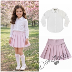 Комплект за момиче от 2 части- пола в розово Тамара от трико и риза с дълъг ръкав в бяло