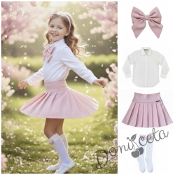 Комплект за момиче от 4 части-пола Тамара от трико в розово, риза с дълъг ръкав, панделка и чорапи с панделка