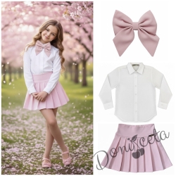 Комплект за момиче от 3 части-пола Тамара от трико в розово, риза с дълъг ръкав в бяло и розова панделка 