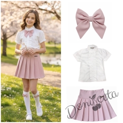 Комплект за момиче от 3 части-пола Тамара от плисе в розово, риза с къс ръкав в бяло с къдрички и панделка в  розово