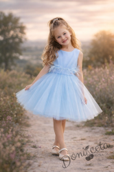Детска рокля с богат тюл и пера в светлосиньо с панделка Анелия 