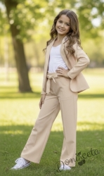 Комплект за момиче от 2 части- сако Ким и разкроен панталон с висока талия и копчета в бежово