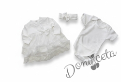 Луксозен комплект за изписване на момиче от 3 части - рокля, боди и лента за глава с 3D цвете в екрю