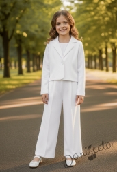 Комплект за момиче от сако Ким и панталон с висока талия и копчета в екрю от стегнато трико