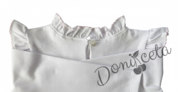 Детска блуза с дълъг ръкав за момиче в бяло с къдрички и кант в розово